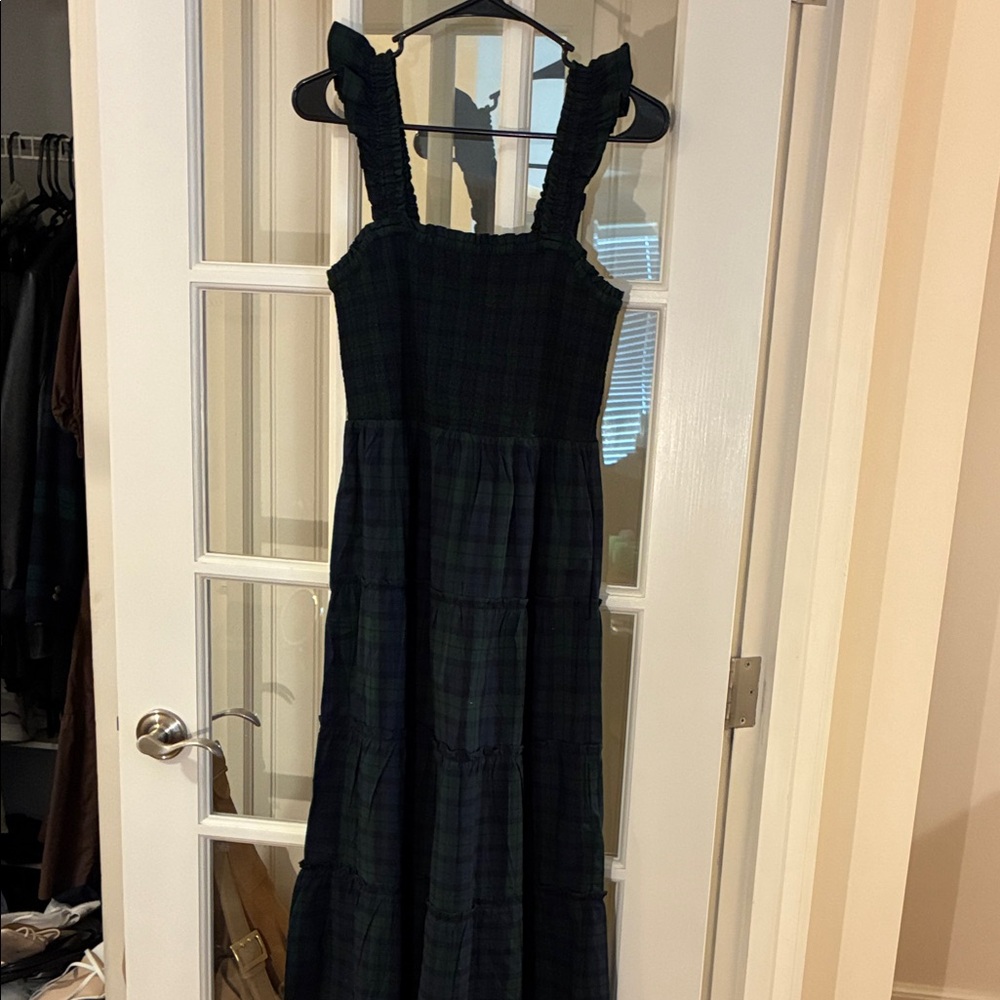 J. Crew Blackwatch Plaid Smocked Midi Dress in Dark Green and Navy